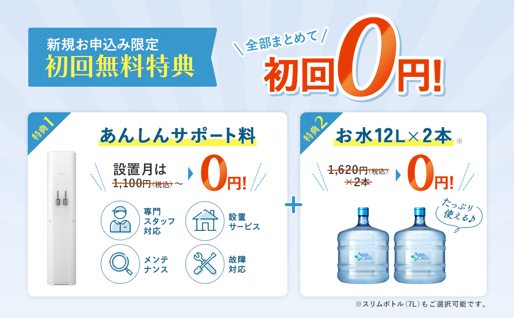 【初回無料特典】新規申込みで「あんしんサポート料」と「12Lボトル2本」が無料!
